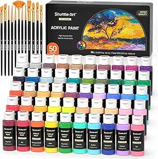 Shuttle Art 50 Colours Acrylic Paint Set, 2oz/60ml Bottles Acrylic Paints with 10 brushes, Rich Pigmented, Water Proof, Premium Acrylic Paints for Artists, Beginners and Kids on Canvas Rocks Wood Ceramic Fabric