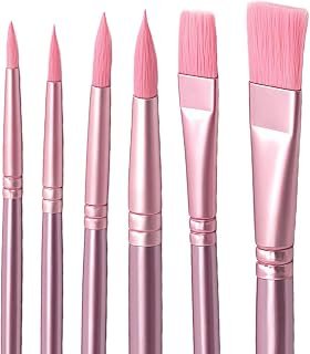 6Pcs Acrylic Paint Brushes Set, Paint Brushes for Acrylic Painting Nylon Hair for Oil Watercolor Face Painting, Rock Body Nail Miniature Detailing Art Supplies (Pink)