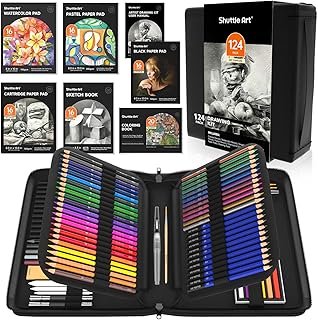 Shuttle Art Sketching and Drawing Pencils Set, 124 Pack Sketch Art Pencil Set with 4 Drawing Pads, Graphite Pencils in Zipper Case, Colouring Pencils for Artist Sketching, Art Set for Adults, Beginner