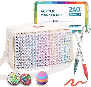 240 Acrylic Paint Pens, Soft Brush Tip Acrylic Paint Markers Set with Marker Bag and Storage Base, Colouring Drawing Art Marker Pens for Fabric Canvas Stone Egg Wood Metal Ceramic and DIY Art Crafting