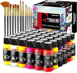 Fantastory Acrylic Paint Set 36 Colors(2oz /60ml) with 12 Brushes, Professional Craft Thick Paints Kits for Adults and Kids, Canvas Wood Fabric Ceramic Rock Painting Supplies