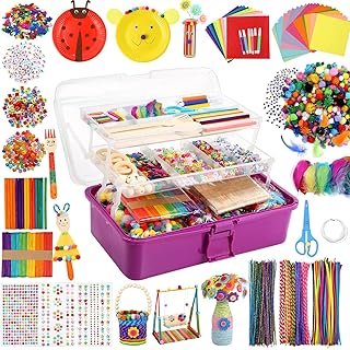 Caydo 3000 Pcs Kids Art and Crafts Supplies, Toddler DIY Craft Art Supplies Set Include Pipe Cleaners, Pom Poms, Portable 3 Layered Folding Storage Box for Kids