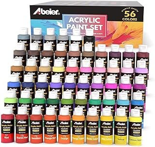 ABEIER Acrylic Paint Set, 56 Colors (2oz/60ml), Matte Finish, Waterproof, Rich Pigments, Non-Toxic Paints for Painting on Canvas Crafts Wood Ceramic Fabric, Ideal for Beginners and Students