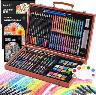Shuttle Art 106 Piece Deluxe Art Set, Art Supplies in Wooden Case, Painting Drawing Art Kit with Pencils Oil Pastels Watercolour Cakes Colouring Book Sketch Pad for Kids Adults