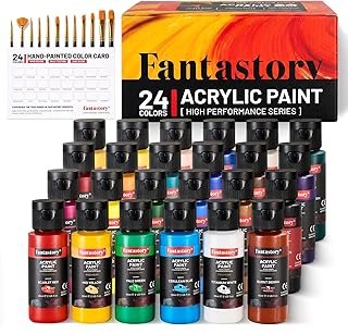 Fantastory Acrylic Paint Set, 24 Colors(2oz/60ml), Professional Craft Paint, Art Supplies Kit for Adults Canvas/Fabric/Rock/Glass/Stone/Ceramic/Model/Wood Painting with 12 Brushes