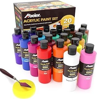 ABEIER Acrylic Paint Set, 20 Colors, 250 ml/8.45oz Bottles, Non-Toxic, Rich Pigments Bulk Painting Supplies for Canvas Crafts Wood Ceramic, Ideal for Artists, Beginners and Students
