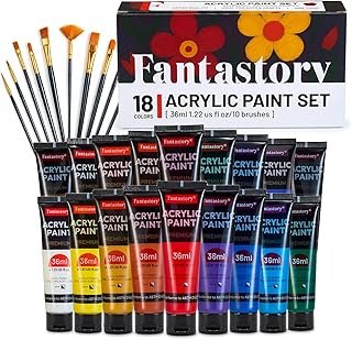 Fantastory Acrylic Paint Set 18 Tubes × 36 ml; Excellent Coverage, High Light Fastness, Waterproof Acrylic Paint, with Additional White & Gold, for Canvas, Wood, Ceramics, Models, Artists
