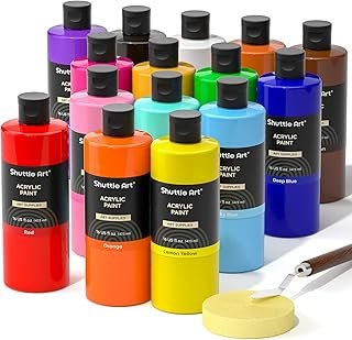 Shuttle Art Acrylic Paint Set, 15 Colours Acrylic Paint Bottle Set (473ml/16oz), Rich Pigmented Paints, Bulk Painting Supplies for Artists, Beginners Kids on Rocks Crafts Canvas Wood Ceramic