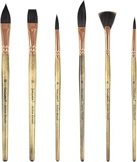 Sable Watercolor Brushes Set of 6, Professional Paint Brushes for Artists with Flat, Pointed Round, Dagger Stripper, Fan Shapes for Watercolour Acrylic Gouache Inks Painting on Paper Canvas