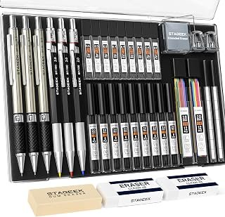 STAGEEK 34PCS Art Mechanical Pencil Set, Drafting Pencil 0.5, 0.7, 0.9MM & 3PCS 2.0MM Mechanical Drawing Pencils with 384PCS Leads (6B 4B 2B HB 2H 4H Color) for Artist Sketching Drawing