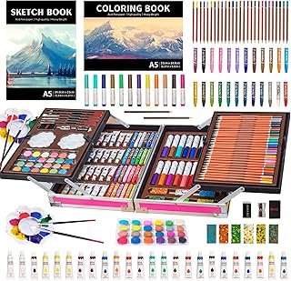 KINSPORY Art Supplies, 139 Pack Painting Drawing Coloring Art Kit, 2 Sketch Pads, Double Layers Art Set Crafts, Aluminum Box for Artists Kids (Pink)
