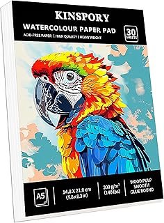 KINSPORY A5 Watercolour Paper Pad, 300GSM, 30 Sheets Cold Pressed Acid-Free Art Paper, Glue Bound Thick Watercolour Sketchbook, Portable Mixed Media Drawing Book for Kids Adults Beginners Artists, Perfect for Home Outdoor Travel Hiking Sketch Creatio