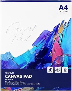2 Pack Artist Canvas Pad, Triple Primed 280gsm Cotton Canvas Paper A4 | 10 Sheets Per Pad, Acid Free Surface, Textured Finish, Oils, Acrylics & Gouache, 20 Sheets Total