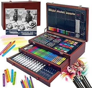 KINSPORY 180PC Deluxe Art Set, Art Supplies for Artists Beginners Creation | Three layers wooden box, creative gift, 2 sketch pads, Painting Drawing Colouring Art Crafts kit for Kids teens boys girls
