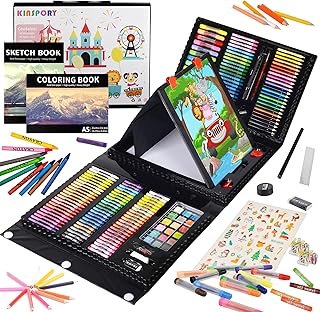 KINSPORY 290 Pack Art Set for Kids, Double-Side Easel Drawing Kits - Black | Creative Gift, art & crafts supplies,Coloring, oil pastel, crayon, colored pencil, watercolour pen, Beginner Artists Girl Boy