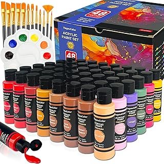 Acrylic Paints Set, 60ml Art Craft Paint Bottles - 48 Colors Set | 12 Brushes, 1 Palette, Premium Art Supplies Gifts for Artists Beginners on Canvas Rocks Wood Ceramic Fabric
