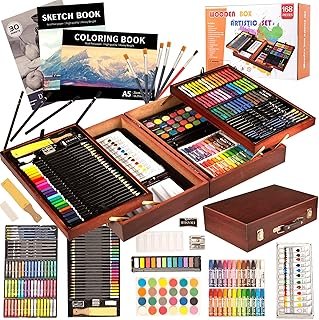 KINSPORY Art Supplies, 168 Pack Wooden Art Set Crafts for Kid Teens - Brown | Deluxe Double Layers gift box, creative art kit for beginner artist adult girls boys, 3 Coloring Drawing Painting Sketch Pads