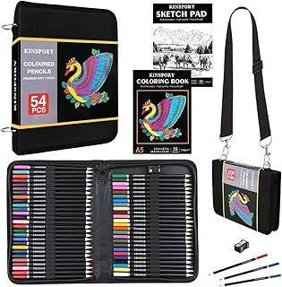 KINSPORY 52 Coloured Pencils Art Creation Set with Shoulder Strap, 3.3mm Soft Lead Drawing Pencils, A5 Sketch Pad & Colouring Book, Portable Supplies for Beginners Artists Home Outdoor Travel Hiking
