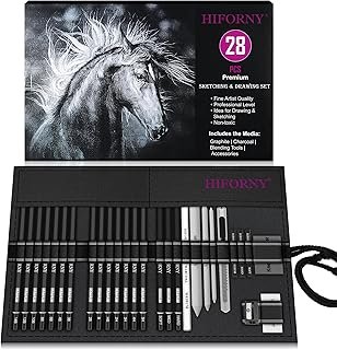 HIFORNY 28Pcs Sketch Drawing Pens Set, Graphite Artist Supplies Carbon Mixing Tools Accessories Drawing Kit for Adult Artists in Canvas Roll and Roll Up Case