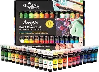 GLOBAL COLOURS Acrylic Paint Set – 24 x 36ml Tubes. Artist Quality, Waterproof Paints for Canvas, Wood, Paper, Ceramics – Non-Toxic, Made in Australia. Ideal for Beginners & Kids