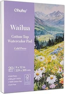 Ohuhu Cotton-Top Watercolour Paper Pad 229x305mm Cold Press Paper 20 Sheets | 140 LB/300 GSM Heavyweight White Paper - Professional Artist Painting Water Colour Paper for WaterColour Gouache Ink Acrylic