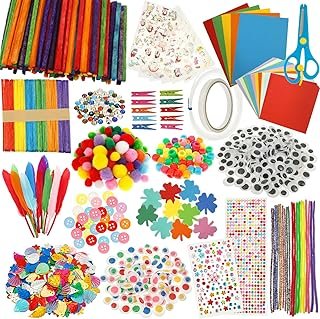 1300Pcs DIY Arts and Crafts Supplies Kit for Kids Funny All in One Children Sequins Art Supplies Flash Pompoms, Buttons, Feathers, Pipe Cleaner (Color- 1set)