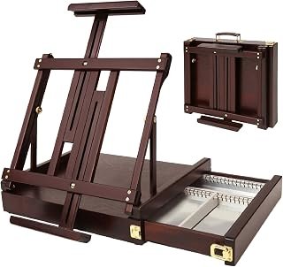 MEEDEN Studio Sketchbox Table Easel with Metal Lined Drawer - Adjustable Solid Beech Wood Tabletop Easel & Sketchbox Artist Easel with Storage, for Studio or Plein Air - Holds Max 34", Deep Walnut
