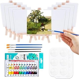 Mini Canvas and Easel, 47 Pieces Small Canvas Painting Set Includes Mini Easel, Acrylic Paint, Paintbrushes and Palette for Artists Art Party Sip and Paint Night