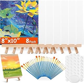 54Pack Canvas Boards with Easel Set,8pcs 9.8 x 7.8 inch Painting Canvas,8 Easel Stand,30 Brushes & 8 Paint Tray,Canvases Panel Painting Kit for Paint Party, Acrylic Oil, Water Color Gift
