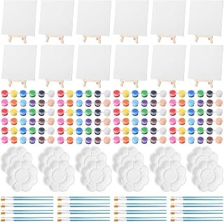12 Set Canvas Painting Kit, Mini Canvas with Wooden Easels Acrylic Paints Strips, Brushes, Palette, Art Set for Acrylic Oil Watercolor Adults Birthday Party Favors(6 x 6 Inch)