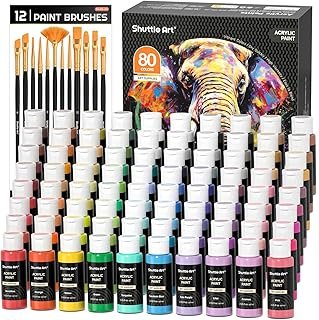 Shuttle Art 80 Colours Acrylic Paints, Acrylic Paint set with 12 Paint Brushes, 2oz/60ml Bottles, Rich Pigmented, Premium Paints for Artists, Beginners on Canvas Rocks Wood Ceramic