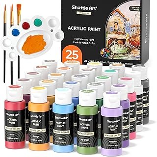 Shuttle Art 25 Vintage Colours Acrylic Paint Set, 2oz/60ml Bottles, Rich Pigmented, Premium Acrylic Paints for Artists, Beginners and Kids on Rocks Crafts Canvas Wood Ceramic