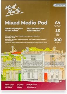 Mont Marte Mixed Media Pad Premium 300gsm A4 15 Sheets Acid Free Art Pad with Fine Tooth Paper for Multi-Media Use, Ideal for Pencils, Oil Pastels, Markers, Pens, Watercolour and Acrylic Paint