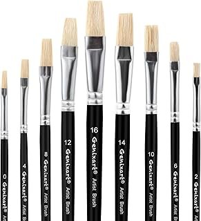 Genixart Artist Paint Brush Set – Art Paintbrushes Acrylic Oil Watercolor | Flat Paint Brushes for Painting, Painters & Students, Craft DIY - Short Handle, Natural White Hog Bristle, Assorted 9 Pack