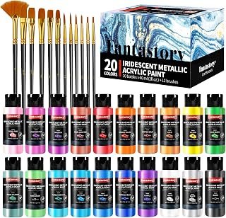 Fantastory 60ml 20 Colors Metallic Acrylic Paint Set with 12 Brushes