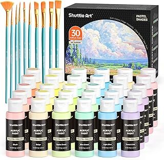 Shuttle Art 40 Pack Pastel Acrylic Paint Set, 30 Colours Paints with 10 Paint Brushes, 60ml/2oz Bottles, High Viscosity, Water-proof Paints for Painting & Crafting on Canvas, Rock, Ceramic, Fabric