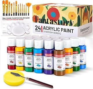 Fantastory Acrylic Paint Set, 24 Colors(2oz/60ml), Professional Craft Paint, Art Supplies Kit for Adults Canvas/Fabric/Rock/Glass/Stone/Ceramic/Model/Wood Painting with 12 Brushes