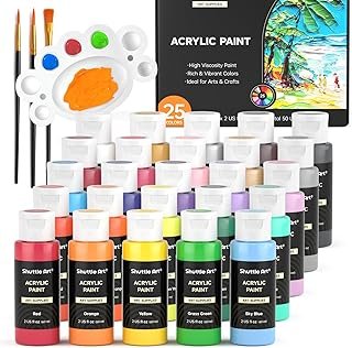 Shuttle Art 25 Colours Acrylic Paint Set, 2oz/60ml Bottles, Rich Pigmented, Waterproof, Premium Acrylic Paints for Artists, Beginners and Kids on Canvas Rocks Wood Ceramic Fabric