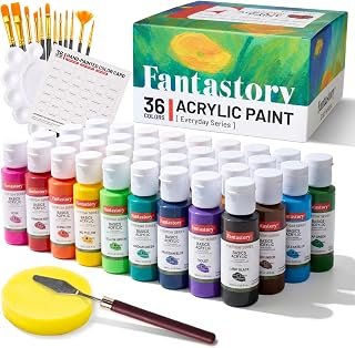 Fantastory Acrylic Paint Set 36 Colors(2oz /60ml) with 12 Brushes, Professional Craft Thick Paints Kits for Adults and Kids, Canvas Wood Fabric Ceramic Rock Painting Supplies