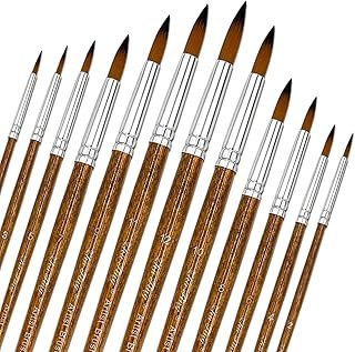 Paint Brushes Set, 12 Pcs Watercolor Brushes with Wooden Handle and Soft Nylon Hair Pointed Round Tips Artist Brushes for Acrylic Oil Watercolor Gouache (Brown)