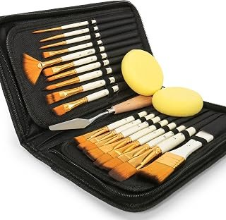 ARTIFY 18 pcs Paint Brush Set for Acrylic Oil Watercolor Gouache Painting Includes Pop-up Carrying Case with Palette Knife and 2 Sponges (White Set of 18)