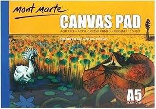Mont Marte A5 Canvas Pad, 10 Sheet. Suitable for Use with Any Medium. Acrylic Gesso Primed and Ready to Use. Acid Free Canvas Sheets to Help Preserve Artworks
