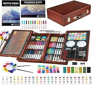KINSPORY Art Kit, 139 Piece Art Supplies with 2 Sketch Pads, Deluxe Wooden Double Layers Art Set Crafts with Colored Pencils, Oil Pastels, Paints, Painting Drawing Artists Kids - Brown