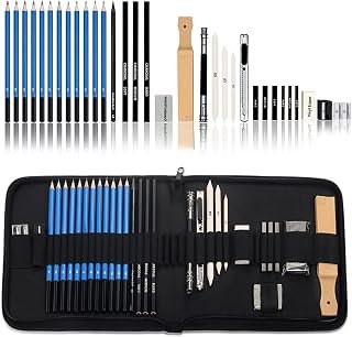 33 Piece Sketching & Drawing Kit, Graphite & Charcoal Pencils, Sketch Set with Blending Stumps, Erasers, Sharpeners & Zippered Travel Case for Artists, Adults & Beginners
