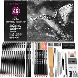 HIFORNY 46PCS Sketching Drawing Pencil Set, Sketch Pencils Art Supplies with Colored Charcoal Pencils, Graphite, Charcoal, Blending Tools, Accessories, Drawing Set for Adults