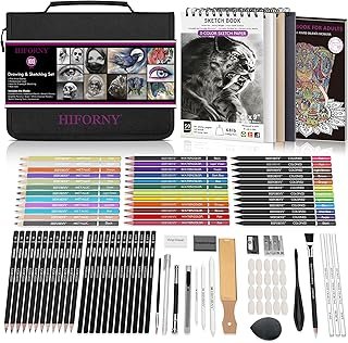 HIFORNY 100 PCS Drawing & Sketching Set, Professional Art Supplies with Graphite,Charcoal, Colored,Watercolor,Metallic Pencils,Blending Tools,Sketchbook and Coloring Book in Zipper Case (Black)