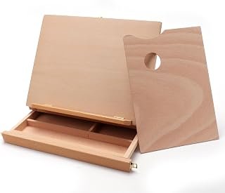 Collapsible Tabletop Easel Sketch Box Sketchbox with Palette Storage Transport Drawer Tray for Painting (Natural, Single-Drawer)